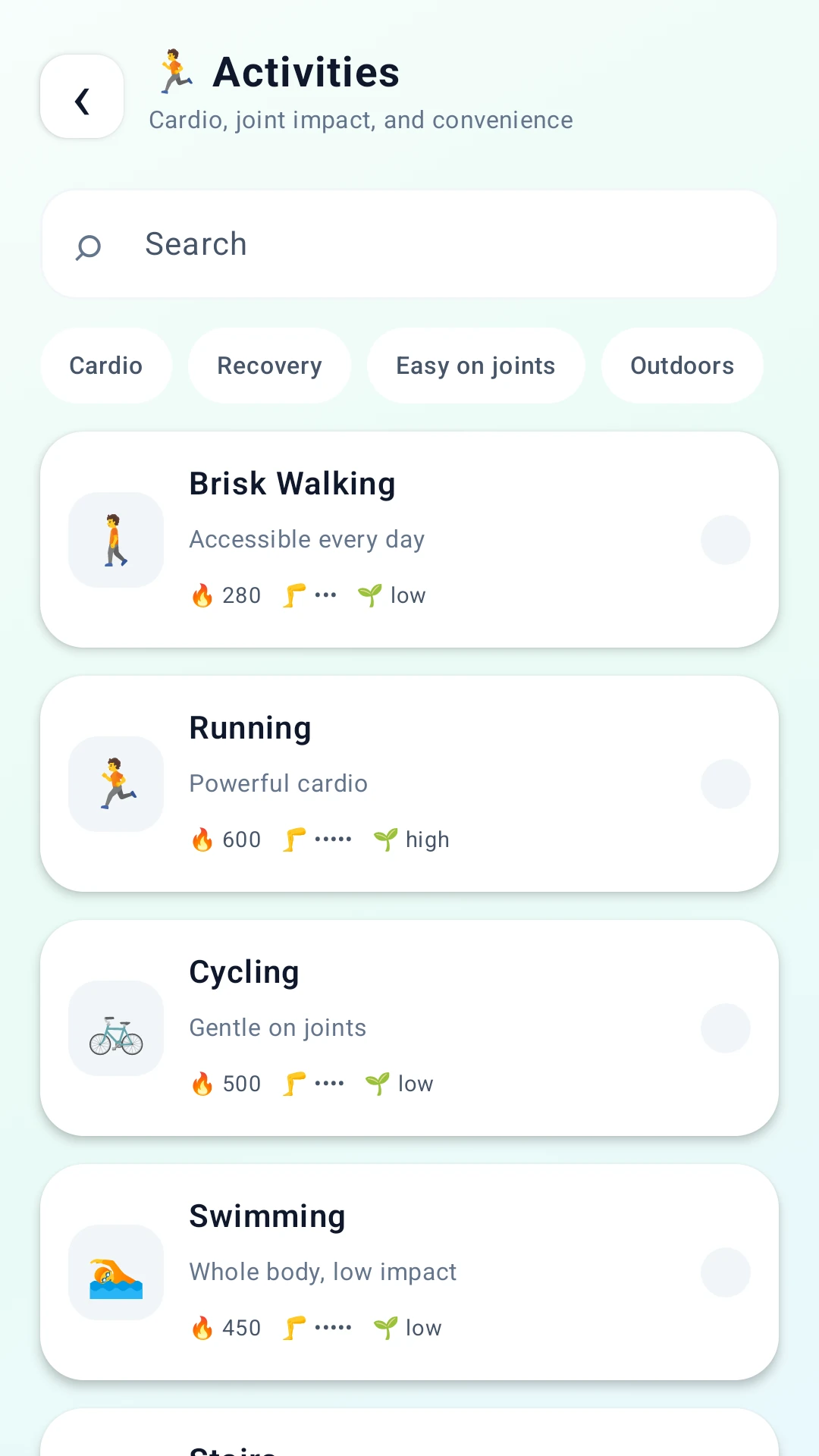 FitCompare activities screen